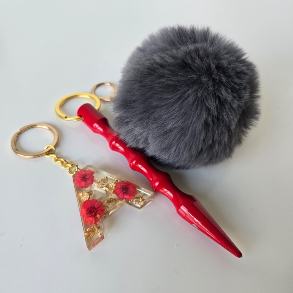Accessories - 🔴(2for$10) Gray Pom-Pom, Red Floral Letter “A” & Red Spike Keychains(Set of 3)